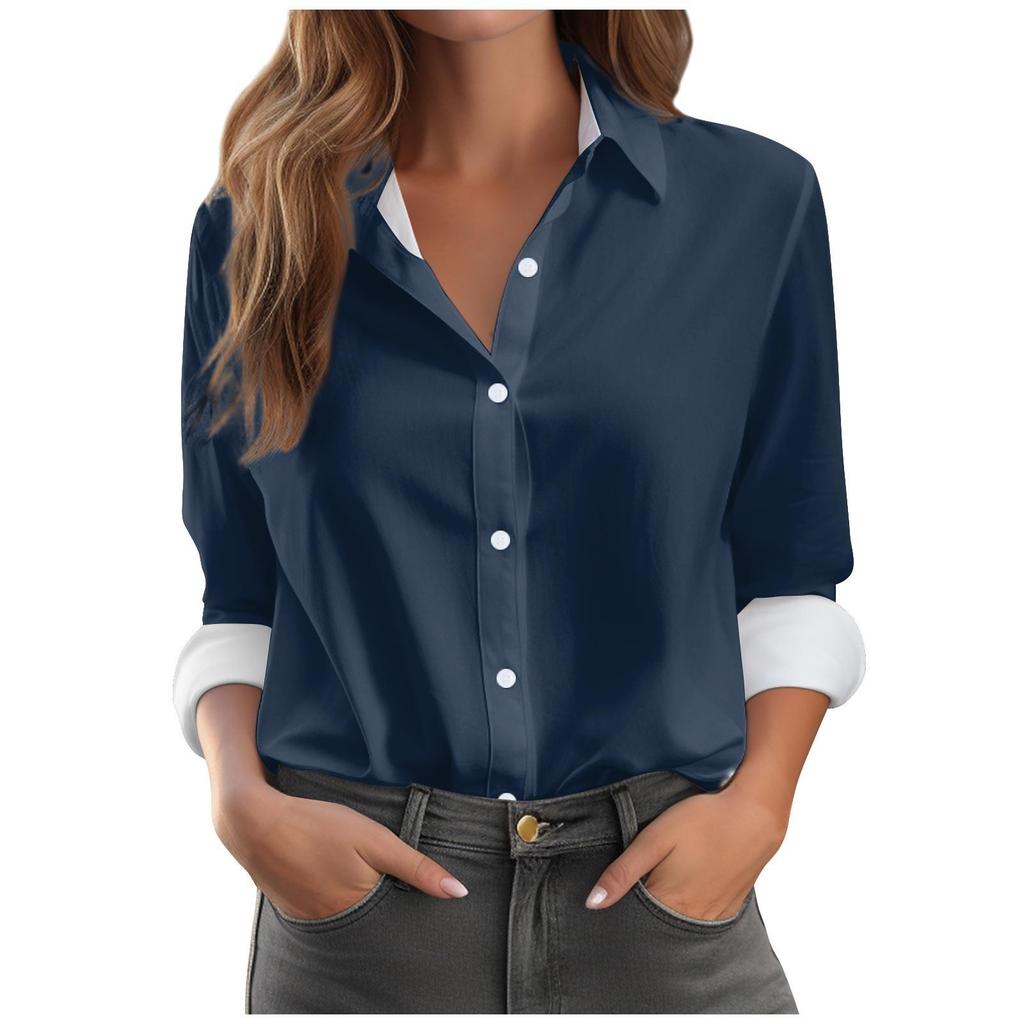 Camicie alla moda larghe da donna Camicie a maniche lunghe con colletto a fascia tinta unita Top slim