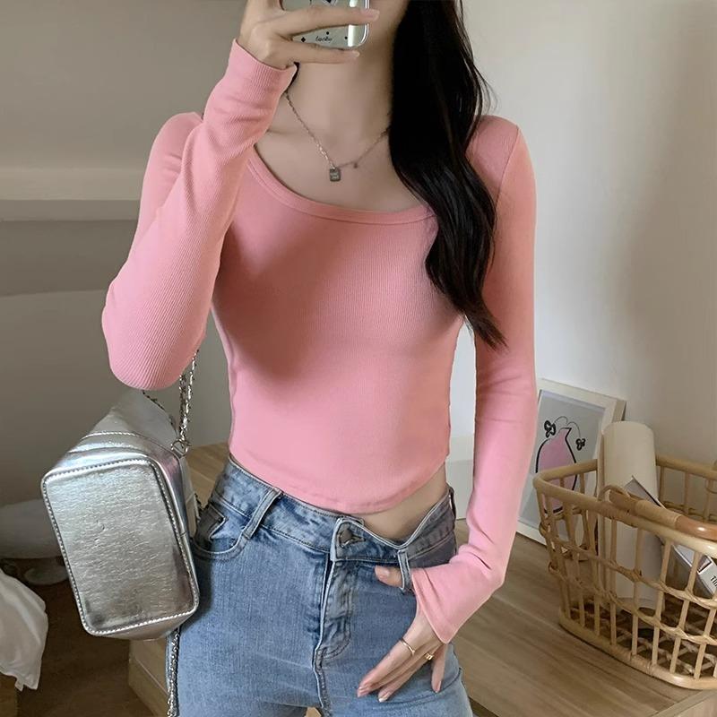 

2024 новая осенне-зимняя немецкая бархатная футболка с длинными рукавами женская внутренняя многослойная рубашка, правое плечо, неровный квадратный воротник, приталенный верх XL