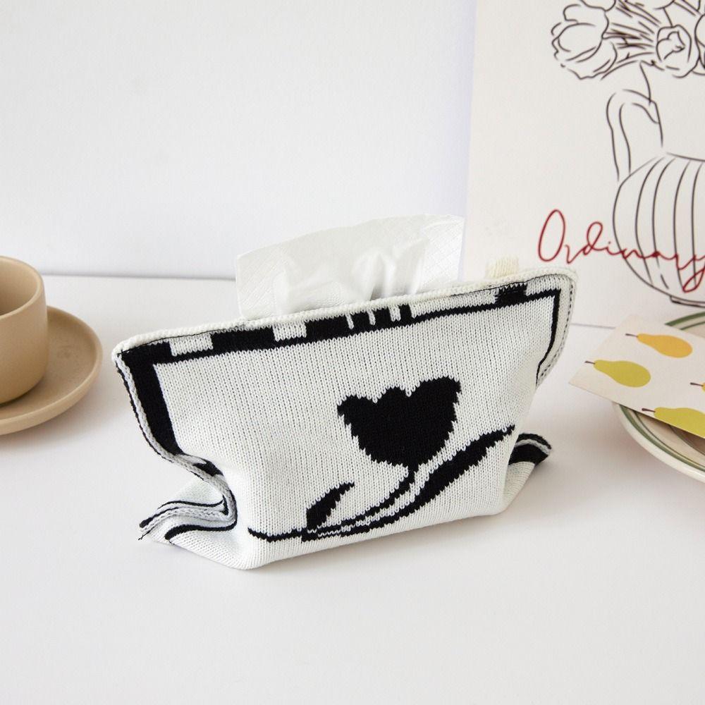 Reusable Knitted Tissue Bag Foldable Checkerboard Napkin Cover Soft Paper Storage Box Car