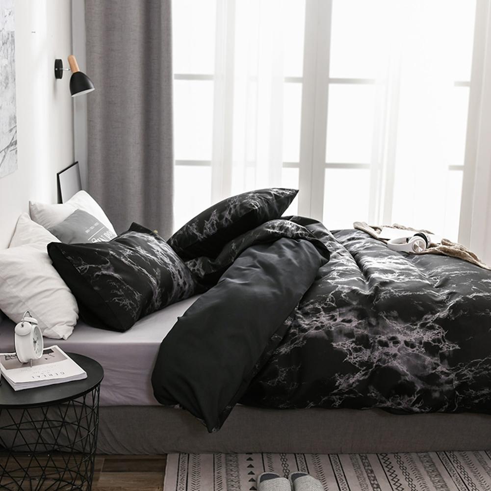 3Pcs Set Polyester Marbled Quilt Cover Pillowcase Bedding Set EU Double Size (Black)