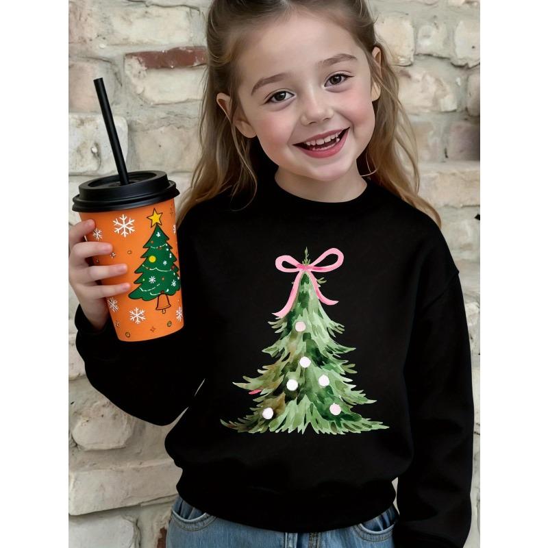 Kids Black Crewneck Sweatshirt, Christmas Tree Print With Pink Bow, Casual Pullover