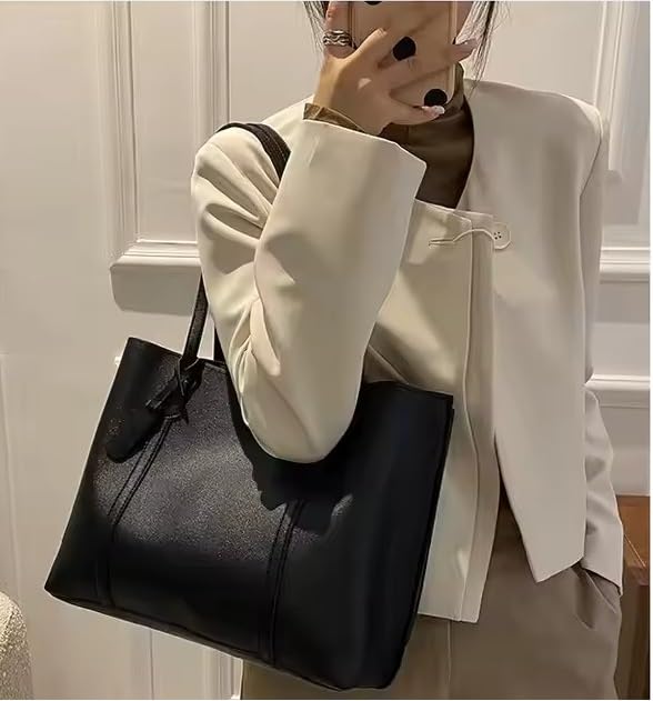 MIDOS Simple Leather-Look Tote Bag, Korean Style, with Interior Pocket, Black, for Commuting, Natural PU Leather, Women's Utility, Stylish,