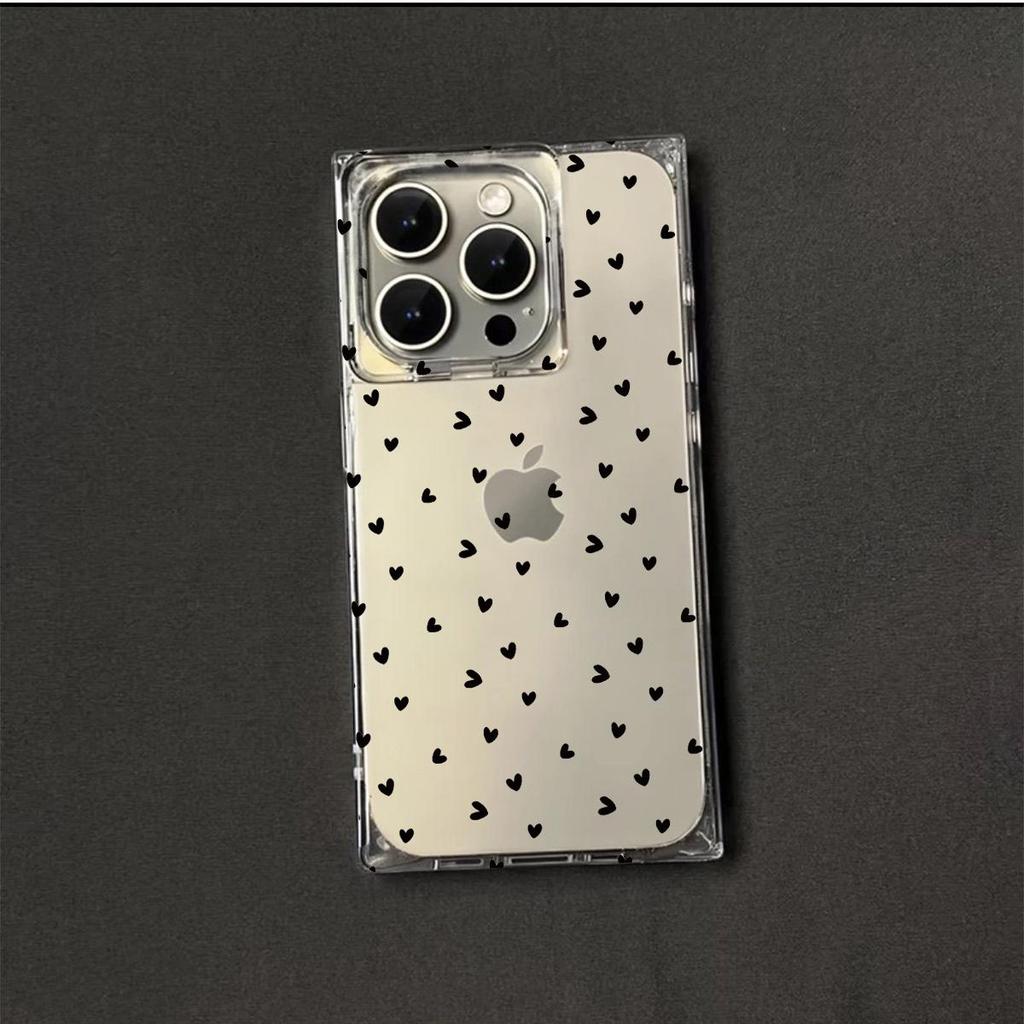 Clear Square Back Tube Case Protection For iPhone 13 11 12 14 Pro Max 15 Plus 16 ProMax Black Polka Dot Heart Pattern