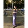 Sweet Spice Girl Purple Suspender Floral Dress Women's Summer New Seaside Vacation Show Figure Hip Wrap Long Skirt
