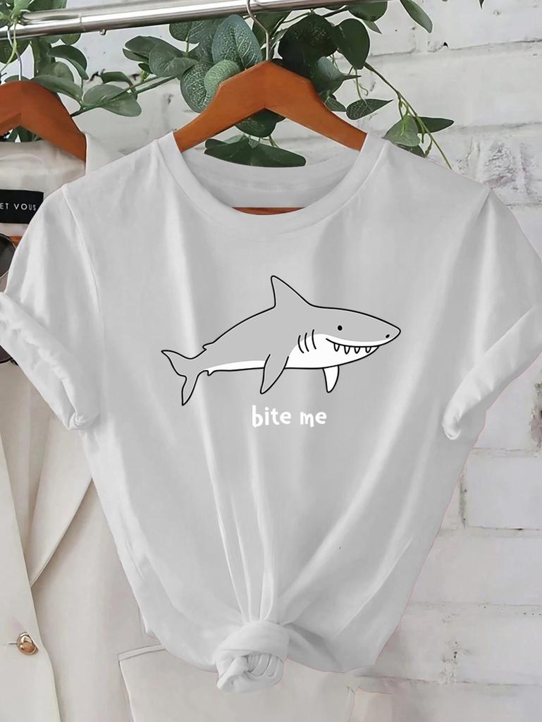 [Hai Grafik T-Shirt] Damen Pinkes "Bite Me" Hai Grafik T-Shirt - Lässiges Rundhals Kurzarm T-Shirt, Leicht & Maschinenwaschbar,