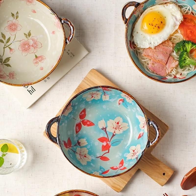 1PC Japanese Style Double-handle Soup Bowl Ceramic Noodle Bowl Kitchen Tableware Pasta Salad Bowl Home Microwave Oven Bakware