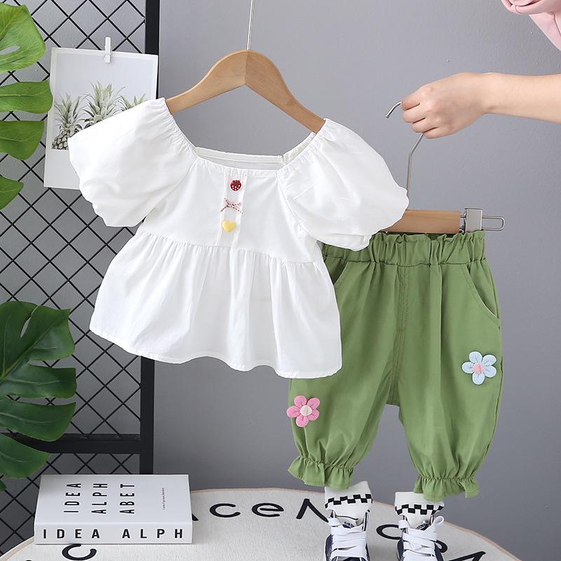 2025 New Korean Style: Puff Sleeve Floral Top & Shorts Summer Two-Piece Set for Baby Girls