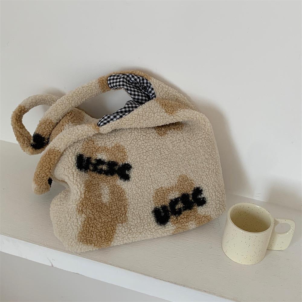 Stylish Plush Teddy Bear Tote Bag Soft Lambswool Large Capacity Everyday Purse