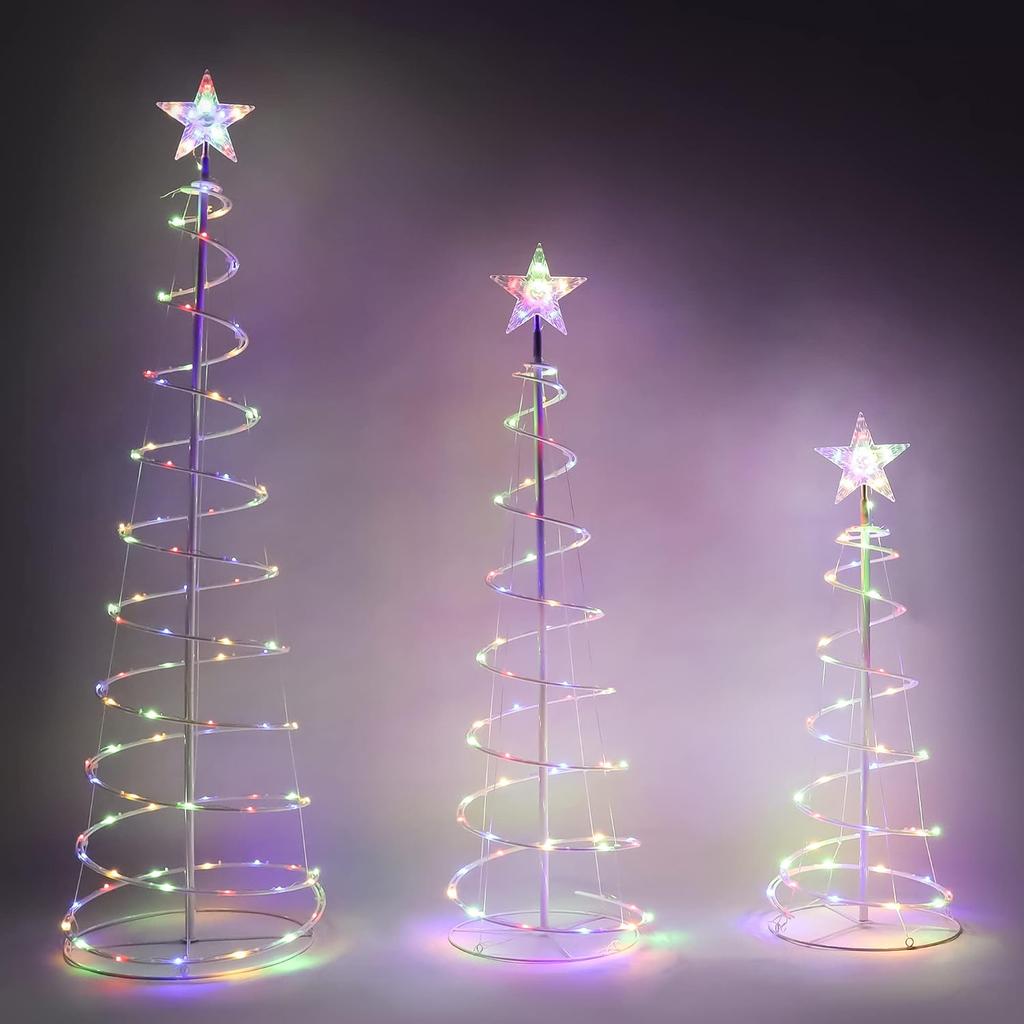 JOYFY 3 Pack Spiral Christmas Tree Light 218 LED Lighted Tree with Star Topper & Stakes for Christmas Decorations Xmas Eve Night