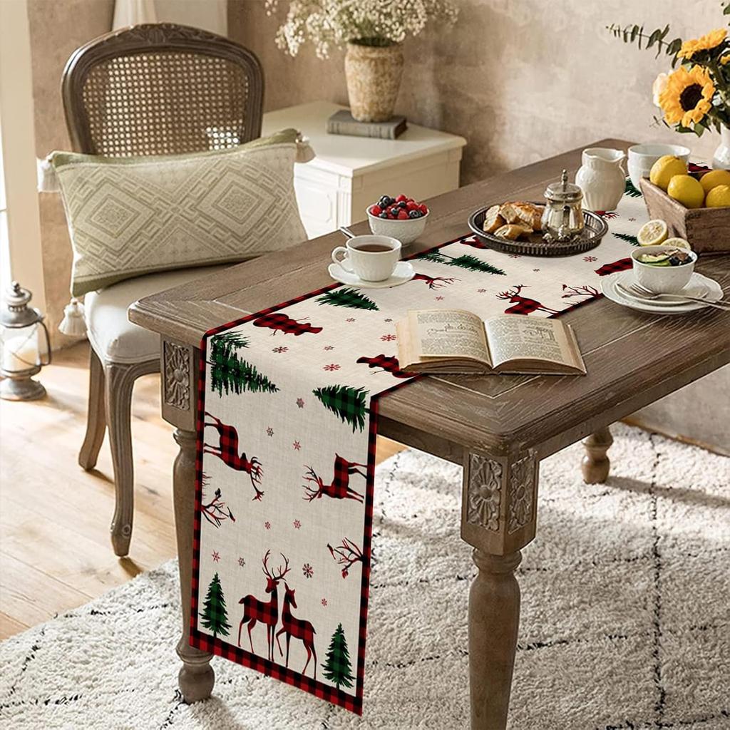 Christmas Elk Deer Holly Tree Linen Table Runner Dresser Scarves Reindeer Xmas Kitchen Dining Table Runner Navidad Decorations