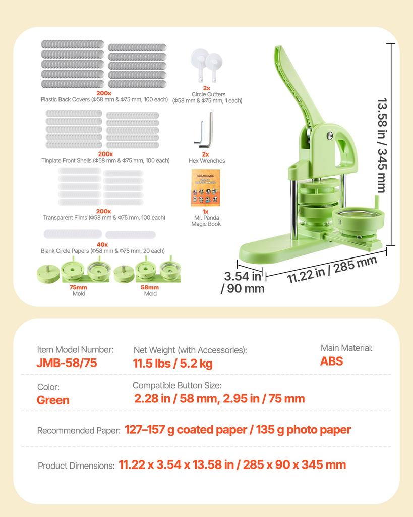 VEVOR Button Maker Machine, 58 Mm / 75 Mm 2-in-1, Plastic Pin Maker with 200 Pcs Button Parts, Circle Cutter and Magic Book