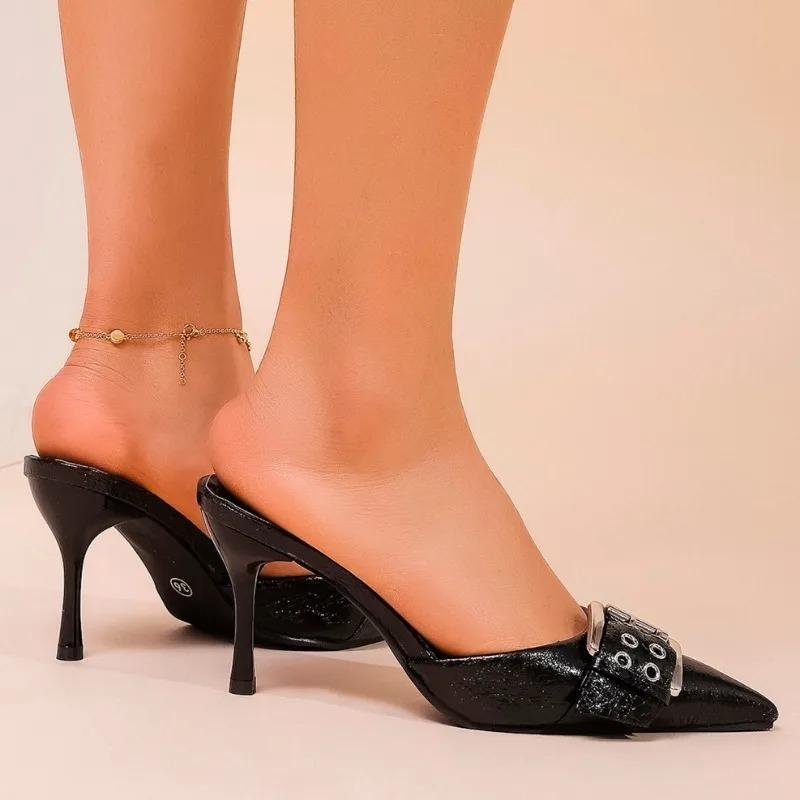 Slippers Sexy Pointed Toe Sandals Women Mules Shoes Summer 2025 Trend New Dress Pumps Designer Buckle Sandalias Mujer