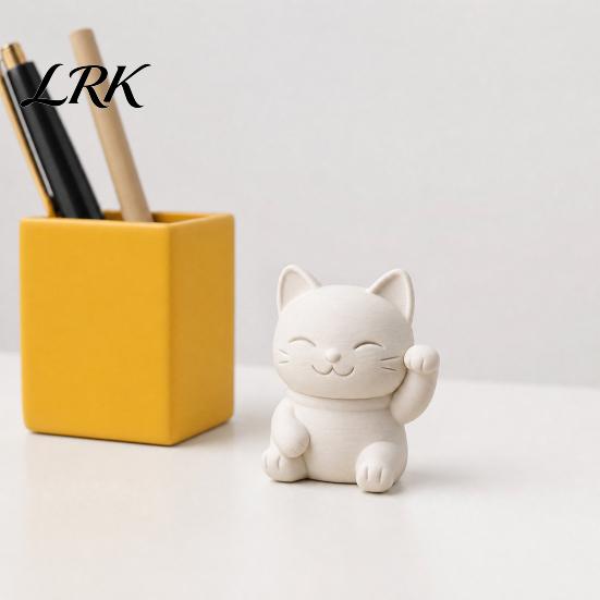 Small Maneki Figurine 3D Printed Luck Cat Statue, Cute White Figurine, Matte Mini Detailed Sculpture Fortune Ornament for Home Desk Bedroom