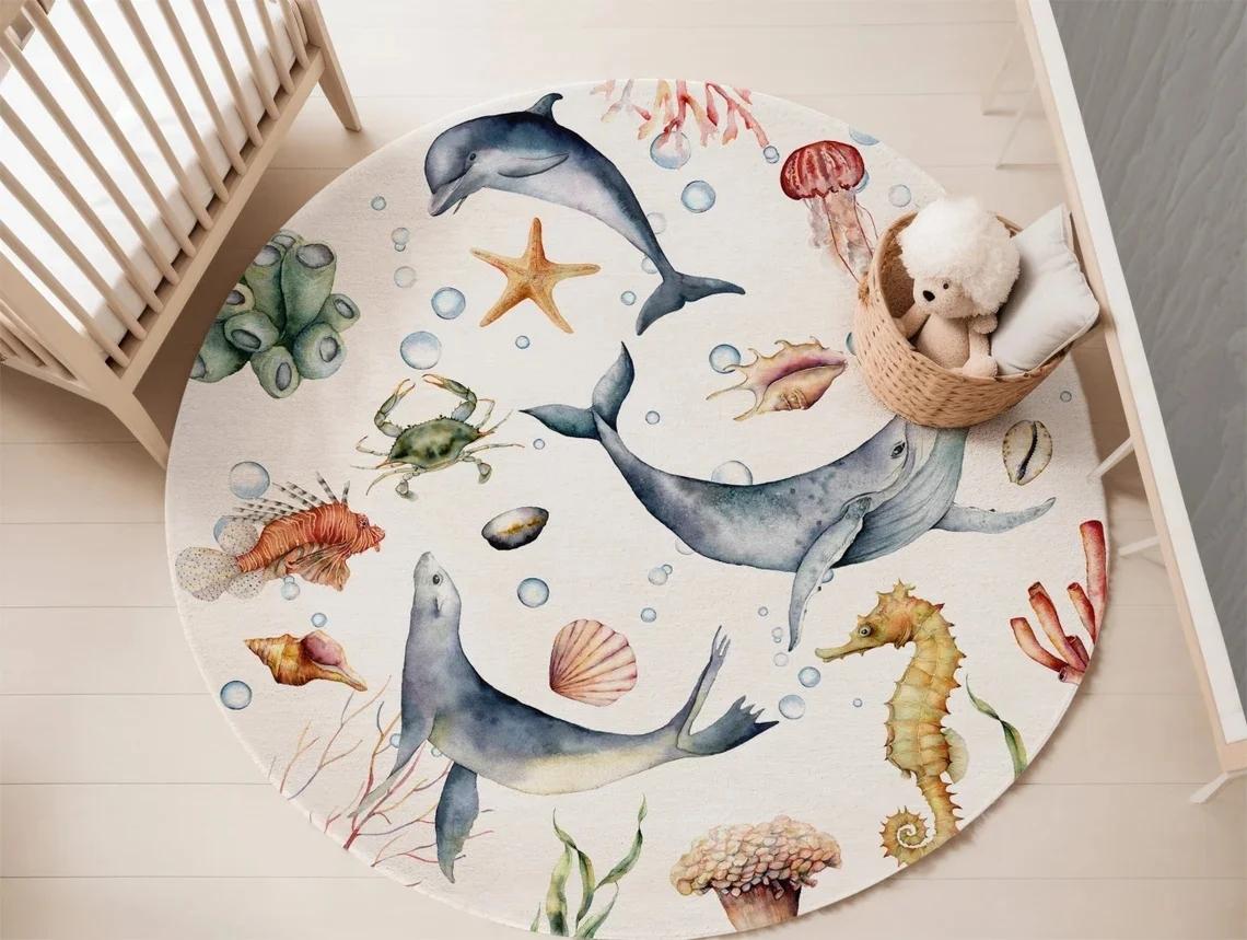 

Round Blue Ocean-Themed Soft Rug for Kids Playroom Living Room Nursery Bedroom Decor Diameter 60cm