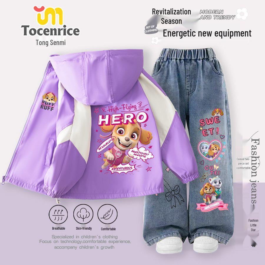 Paw Patrol Kids' Windbreaker & Fleece Jeans Set - Autumn/Winter Style for Toddlers & Girls.