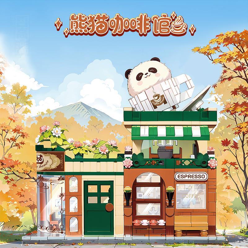 coffee shop moc street view building blocks Panda moc animal blocks coffee shop mini block construction set for Adults girl gift