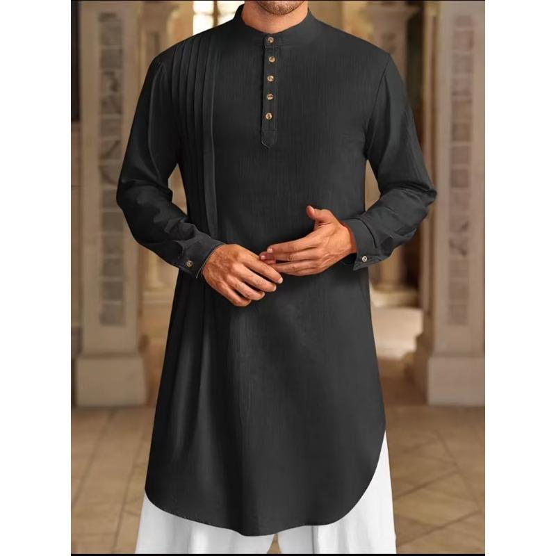 New-style plain-coloured cotton-linen button-down long-sleeved casual shirt for Muslim men