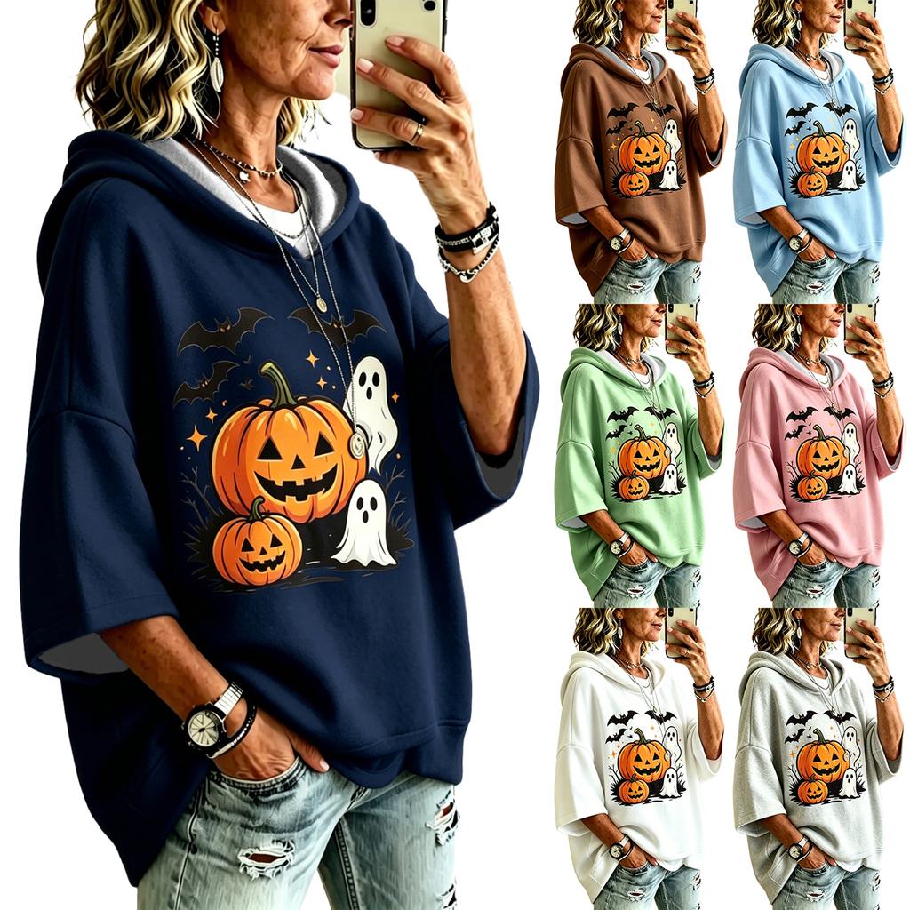 Women's Halloween Digital Print Hoodie Loose Fit Three-Quarter Sleeve Drop Shoulder Sweatshirt