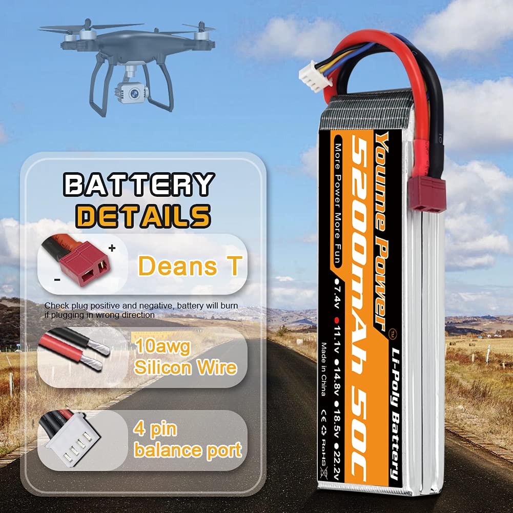 11.1v LiPo 5200mAh, 3S LiPo 50C Dean T Plug, for RC CarsTrucks, Boats, Drones, Buggies (2-Pack)