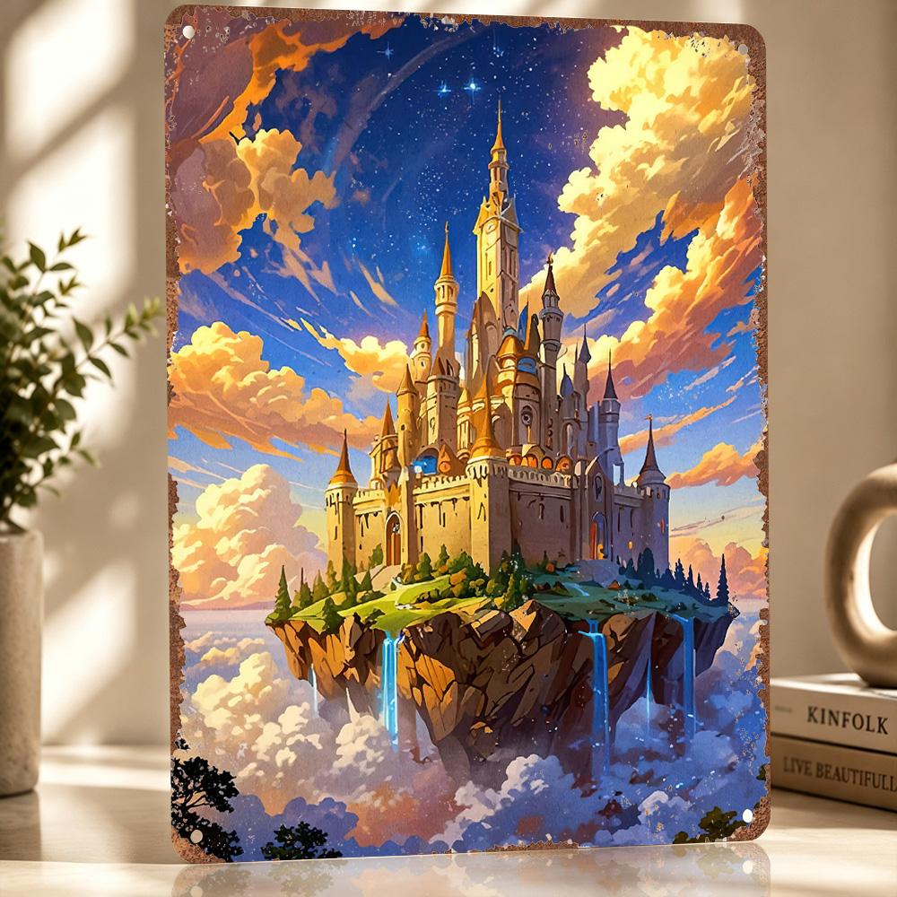 Fantasy Castle the Sky Personalized D Textured Metal Poster Wall Art Vintage Tin Signs for Luxury Decoration Home Decorations