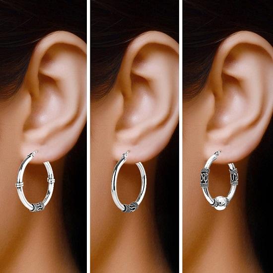 LeCalla S925 Sterling Silver Jewelry Set of 3 Pair Antique Click-Top Bali Hoop Earring for Women 30MM