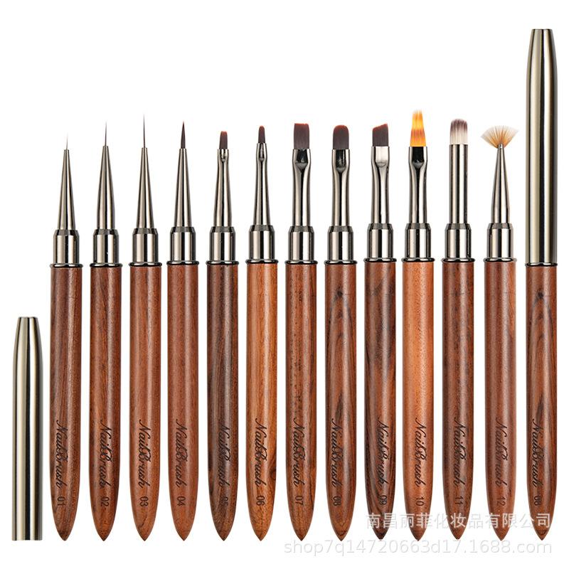 Sandalwood Handle 12-Piece Nail Art Brush Set: Japanese Gel & Lace Brushes