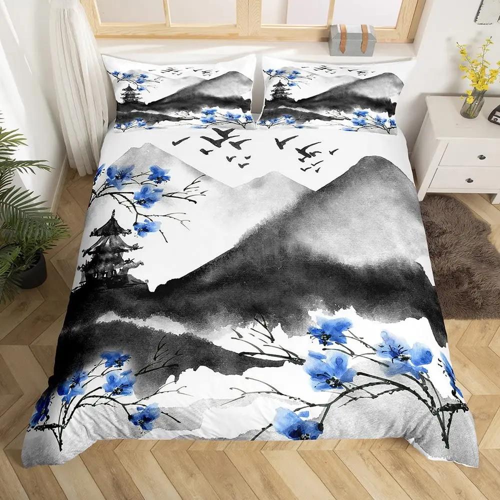 Japanese Fuji Mountain Duvet Cover Set Crane Bedding Set Watercolor Nature Tree Branches Comforter Cover Traditional Quilt Cover