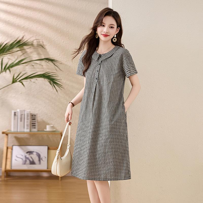 Women's Short Sleeve Midi Dress Peter Pan Collar Loose Waist Casual Plaid A-Line Dress