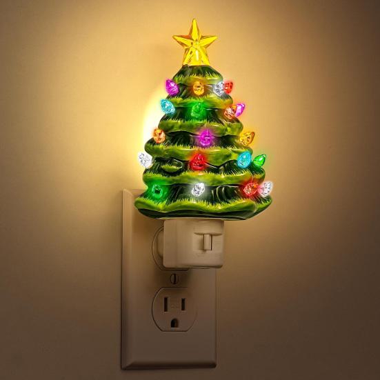 Plug-in Christmas Tree Night Light 360 Degrees Rotatable Star Topper Xmas Tree Wall Outlet LED Lamp Living Room Bedroom Decoration