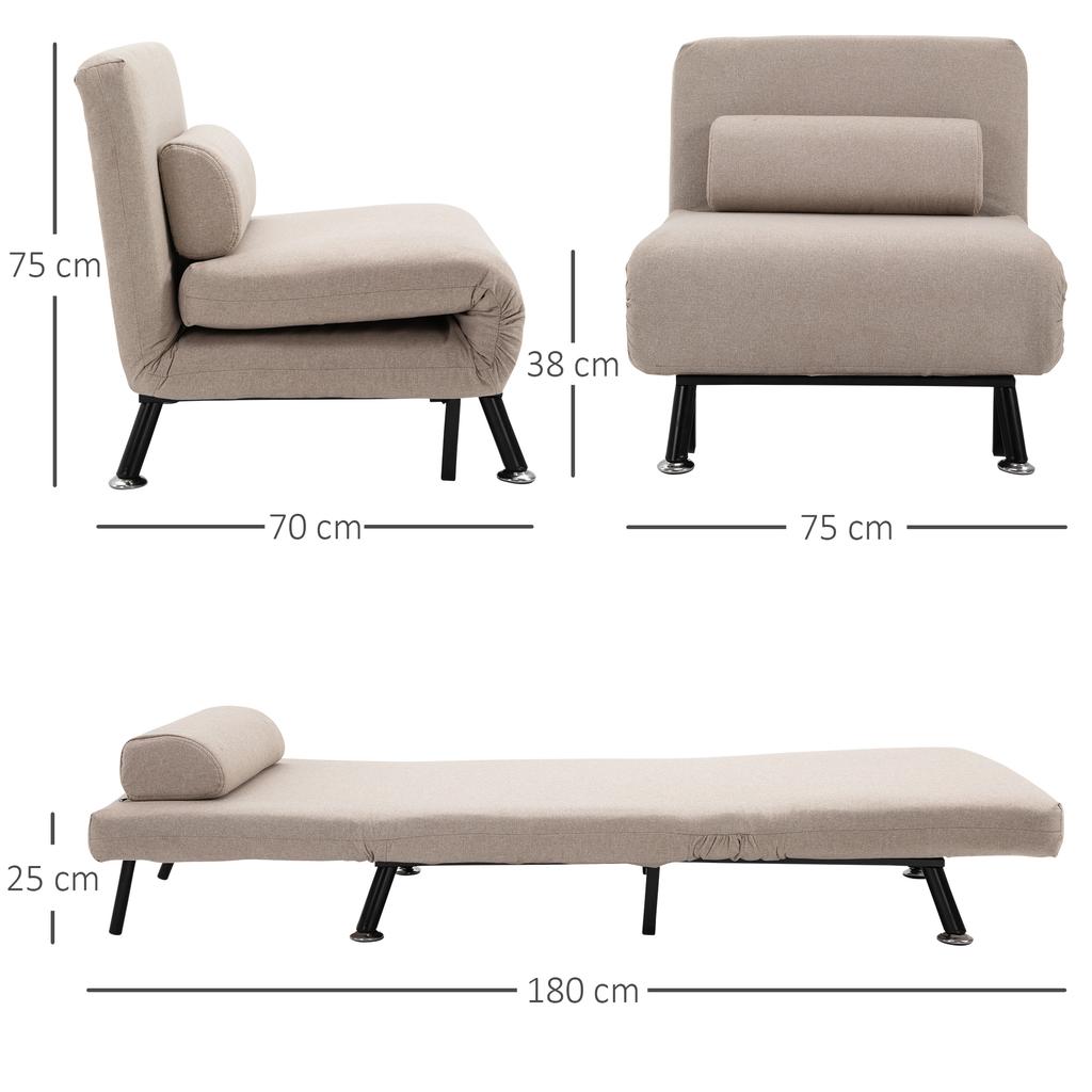 Klappstuhl mit Bettfunktion, Faltbarer Liegestuhl in Leinenoptik, Verstellbare Rückenlehne, 75 x 70 x 75 cm, Beige