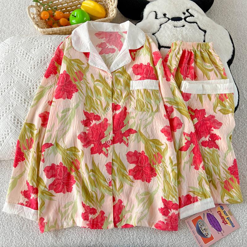Elegant And Simple Natural Style Pajamas Women'S Autumn Flowers Long-Sleeved Fashion Loungewear Cloud Cotton Suit