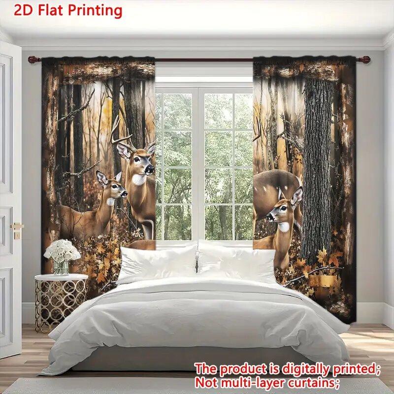 Forest Three Deer Pattern Printed Curtains Window Decoration Home Room Curtain Set Of 2 Made Polyester Washable