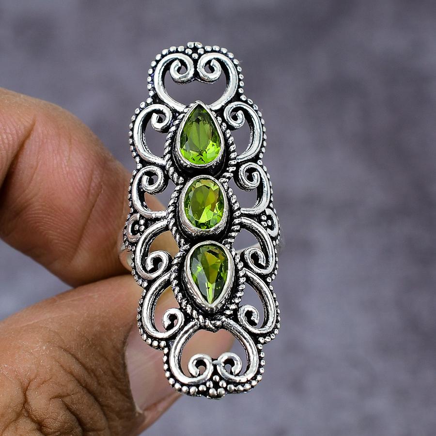 Natürlicher Peridot-Edelstein, handgefertigt, 925er Sterlingsilber, Geschenkring, Größe 7,5, o8o60
