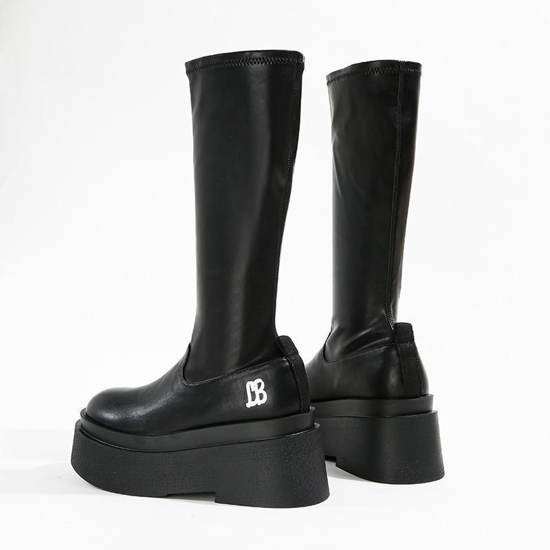 Round Toe Shoes for Women Wedge Heel Footwear Platform Leather Winter Knee High Shaft Long Ladies Boots Spring 2024 on Promotion
