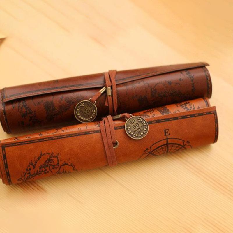 Leather Roll-Up Pouch W/ Embossed Buckle Vintage Treasure Map Pencil Case Large Capacity School Office Organizer