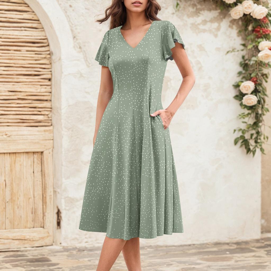 Women's Summer Fashion V-Neck Ruffle Sleeve Retro Elegant Midi Dress
