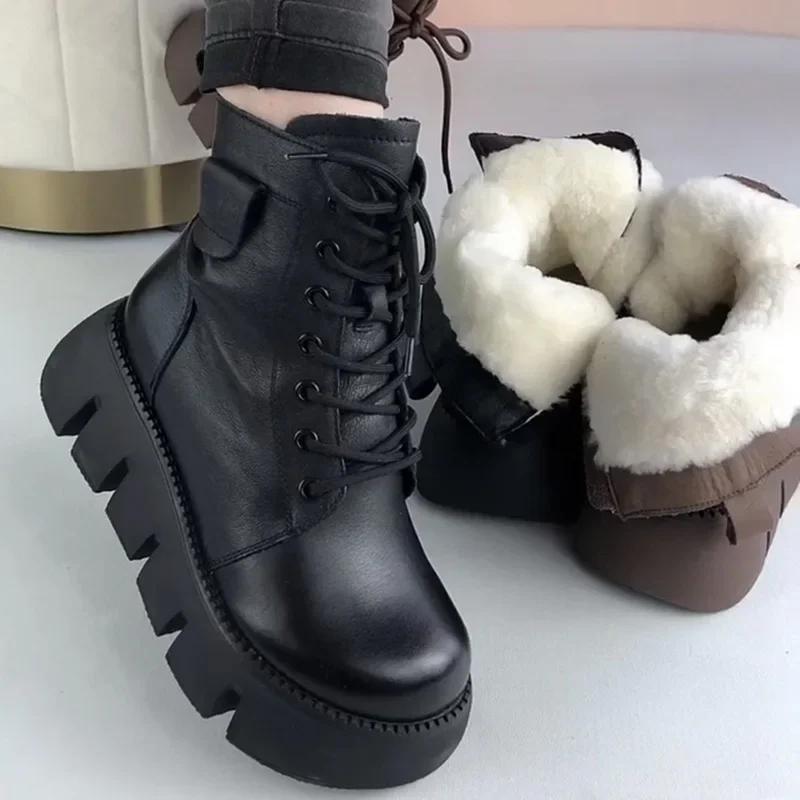 Womens Snow Boots 2026 Winter New Platform Cotton Shoe Retro Black/Brown Round Toe Lace-up Zipper Modern Motorcycle Boot