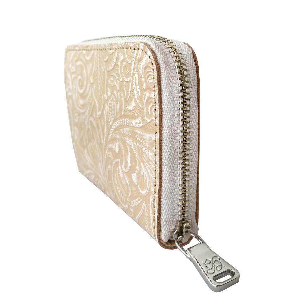 Gratia Women's Long Wallet, Round Wallet, Genuine Leather, Made in Japan, Floral Embossed Leather, Round Zipper, G057 (White)