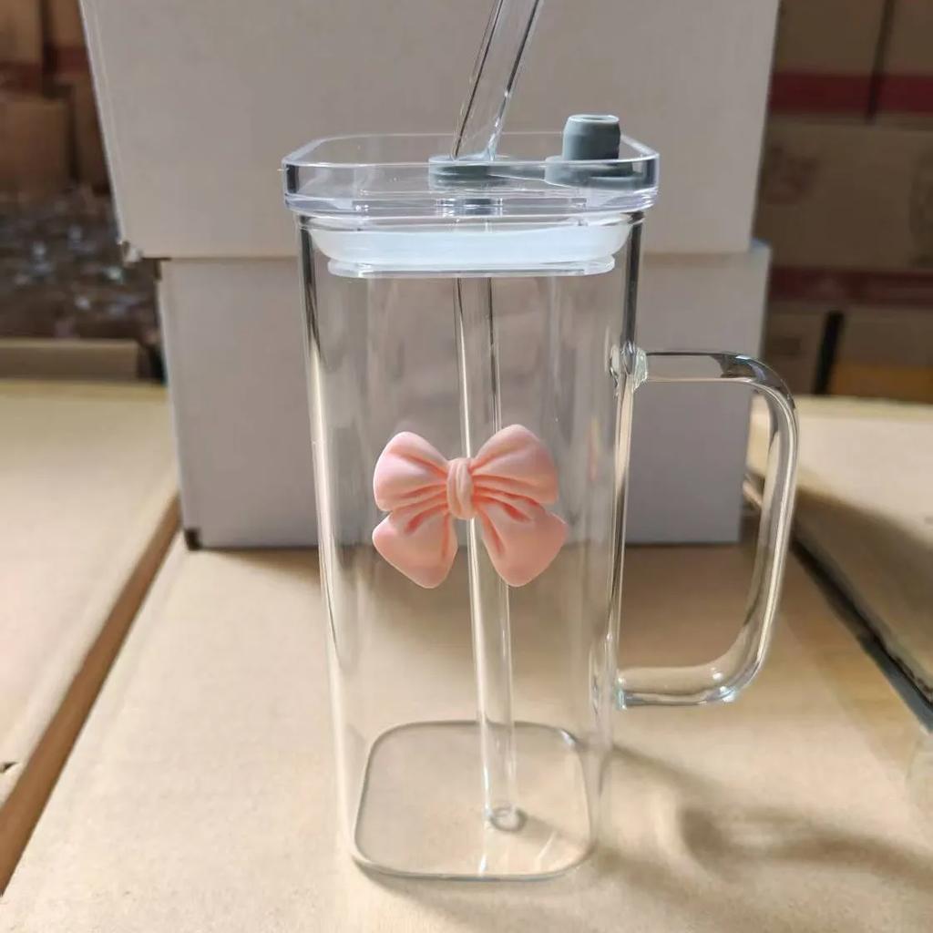 400mL Butterfly-Decorated Straw Cup Glass Tumbler with Straw & Handle - Reusable Freezer-Safe Water Cup for Coffee Juice Milk