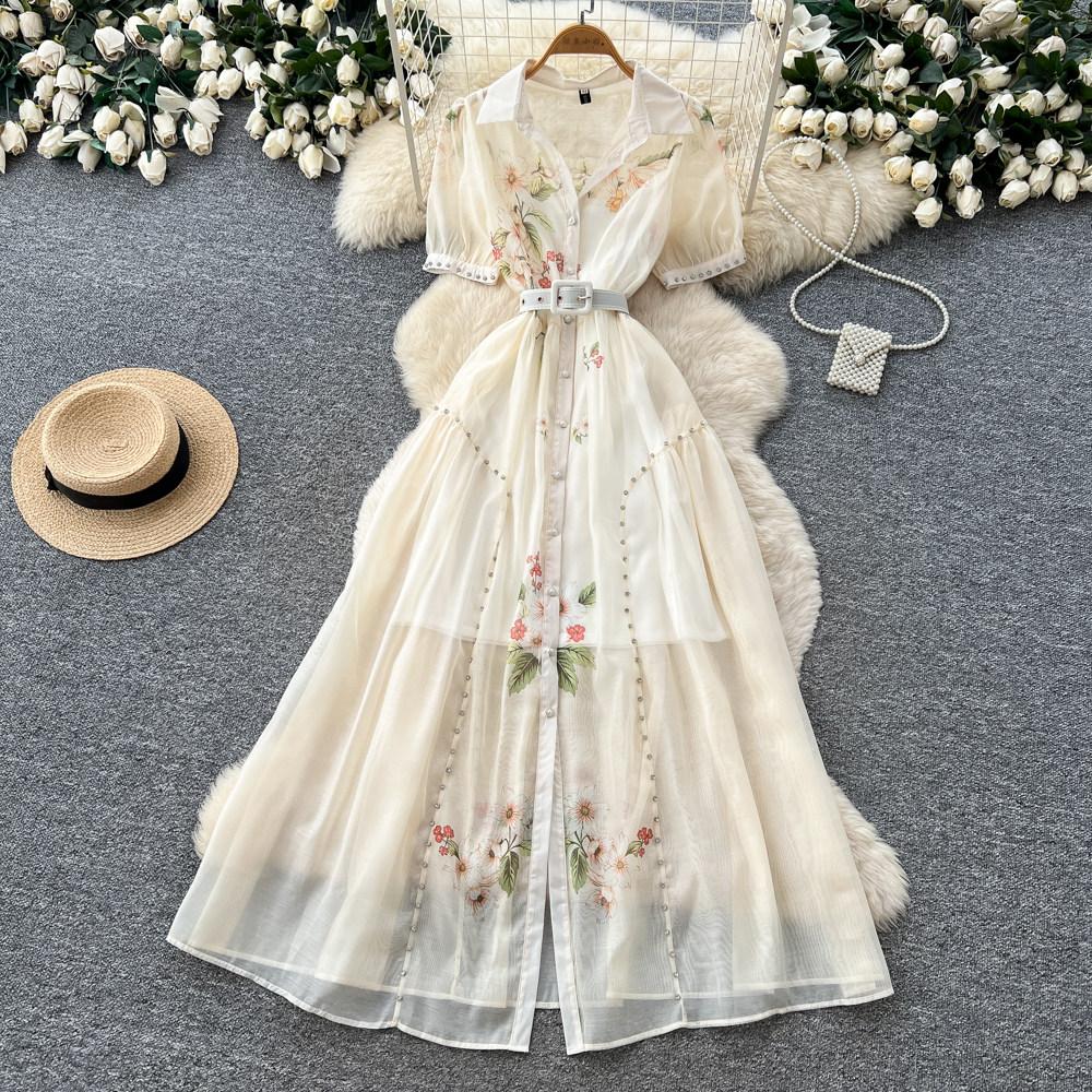 Elegant Short-Sleeve Floral Embroidered Dress for Women Vintage Turn Down Collar Belt Slim A-line Long Maxi Dress