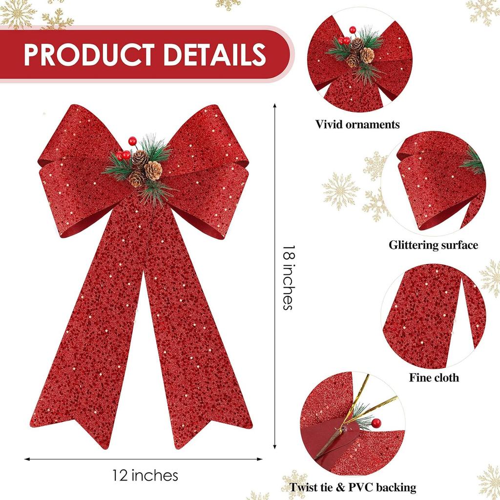 MCEAST 2 Pack Red Christmas Bows 12 X 18 Inches Xmas Wreaths Garland Bows with Pinecones for Christmas Tree Ornaments Sets Indoor Outdor Decoration