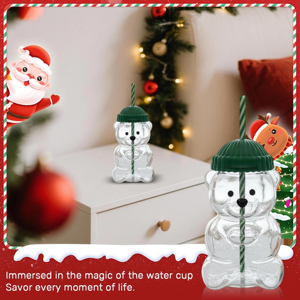 Bear-Shaped Glass Straw Cup: Cute Transparent Design, Green Hat Water Cup