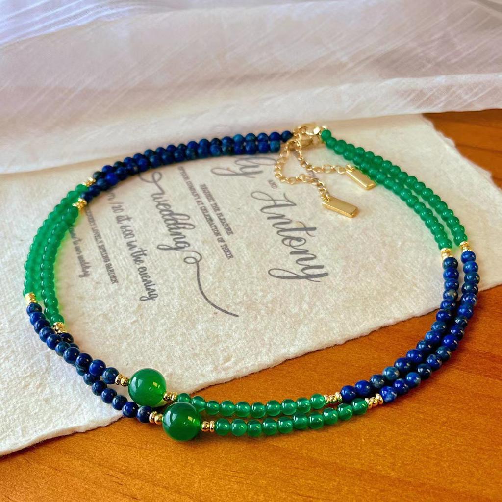 Retro New Niche Design Dark Blue Natural Lapis Lazuli Natural Chalcedony Contrasting Collarbone