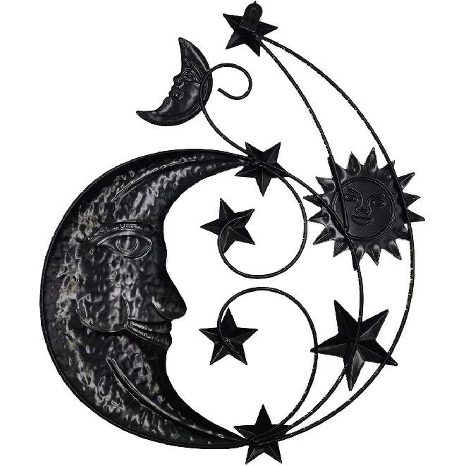 Metal Sun Outdoor Wall Art Decor, Large Size 17'' Sun Face Metal Wall Sculpture with Moon & Stars for Home Wall Decoration Living Room, Bedroom,