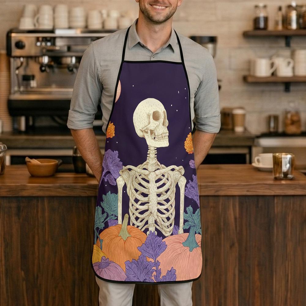1pc Apron, Halloween Apron, Deep Purple Background Skull Pumpkin Flower Grass Print Pattern, Suitable for Home Cooking And Kitchen Decor, Suitable for