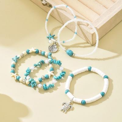 Ręcznie tkana turkusowa bransoletka z koralików damska letnia plażowa wakacyjna wiatr muszla żółwia morskiego wisiorek bransoletka