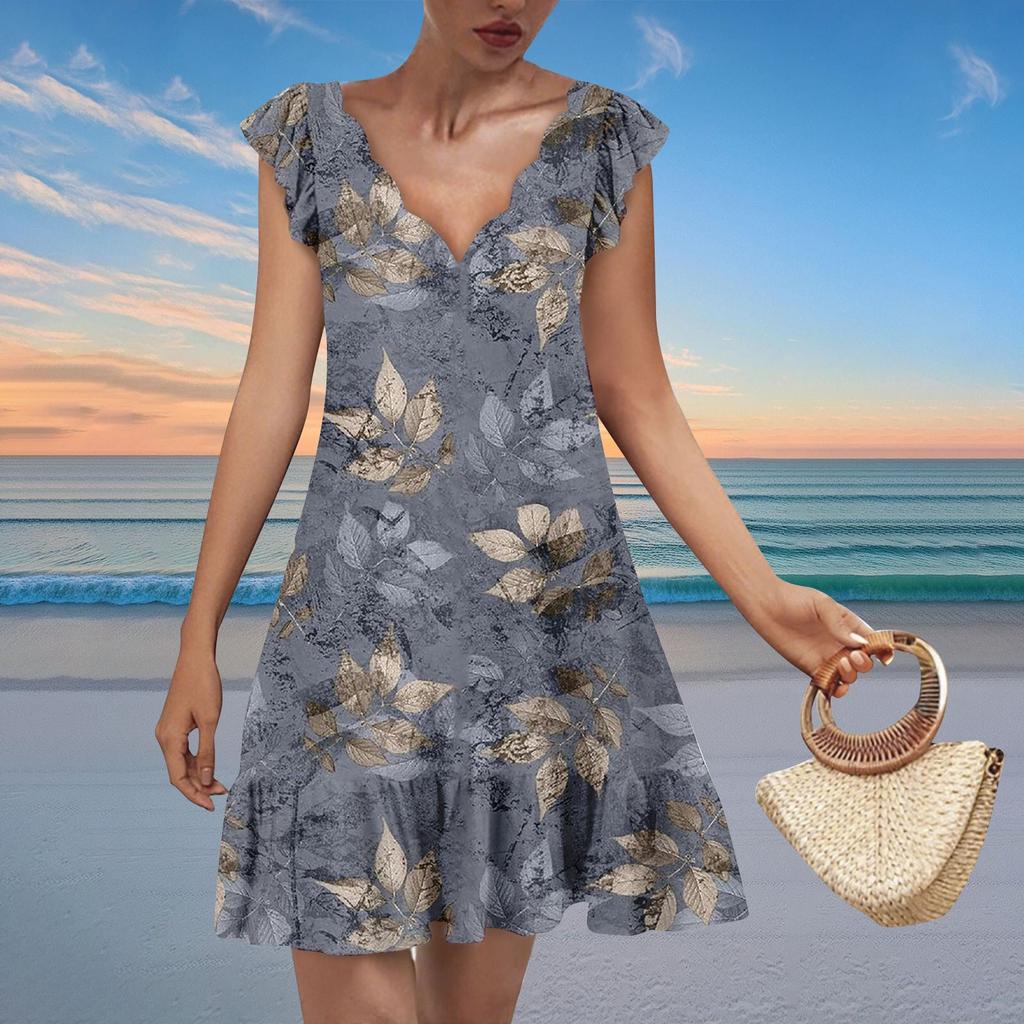 Women's Fashion Casual V Neck Wavy Edge Texture Print Short Sleeve Dress