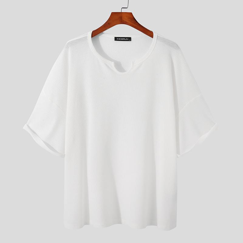 INCERUN Zomer Heren Baggy O-hals Gebreide T-shirts met korte mouwen en losse T-shirts 3XL wit