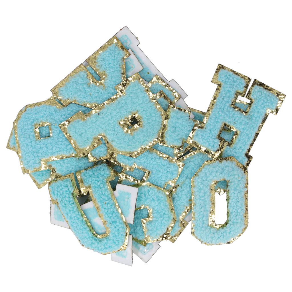 26 Pcs Iron On Letters A To Z Blue Letters Gold Glitter Border Clothing Sewing Embroidery Iron Patches Decorations