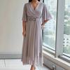 Womens V-Neck Long Dress with Bell Sleeves and Drawstring Waist Multiple Colors